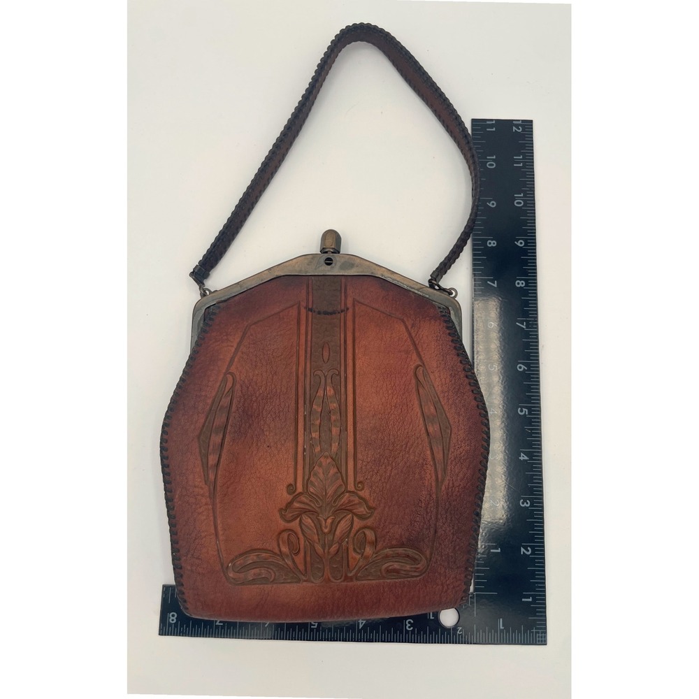 Vintage Tooled Leather Handbag Brown Art Nouveau Floral Embossed Frame Bag - Picture 12 of 12